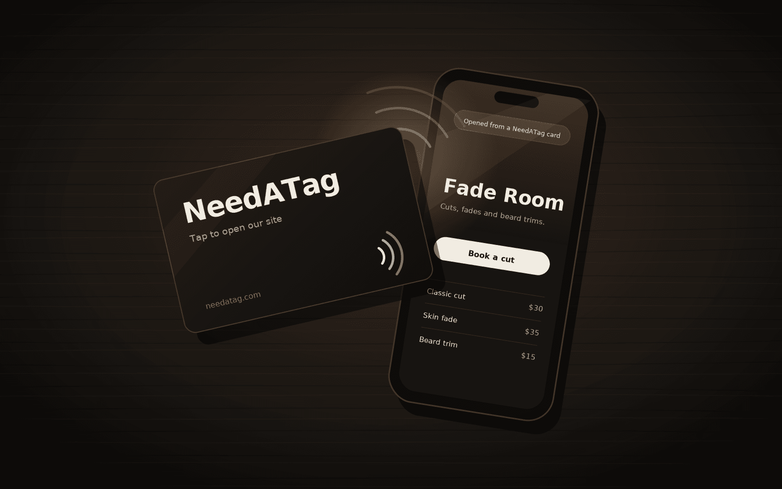 A NeedATag NFC business card beside a phone showing a barbershop booking page.